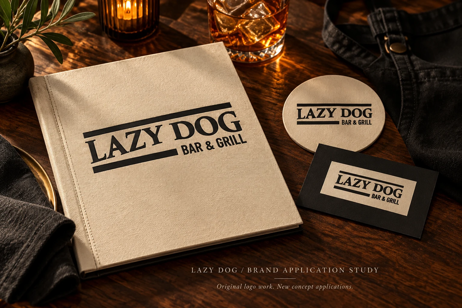 Lazy Dog identity applied to a menu and stationery concept